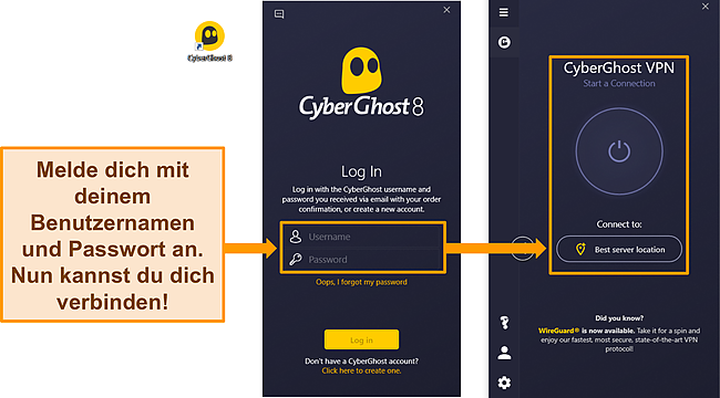 Screenshot der Windows-App von CyberGhost mit hervorgehobenem Abschnitt für Benutzername und Kennwort.