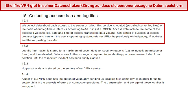 Screenshot der Datenschutzrichtlinie von Shellfire.