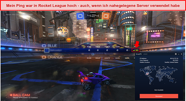 Screenshot eines hohen Pings in Rocket League mit StrongVPN.