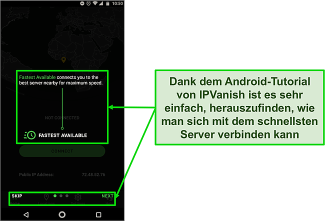 Screenshot des Einführungstutorials von IPVanish auf Android.