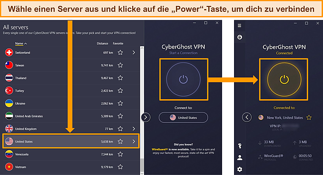 Screenshots des Servermenüs von CyberGhost, in denen beschrieben wird, wie eine Verbindung zu einem US-Server hergestellt wird.