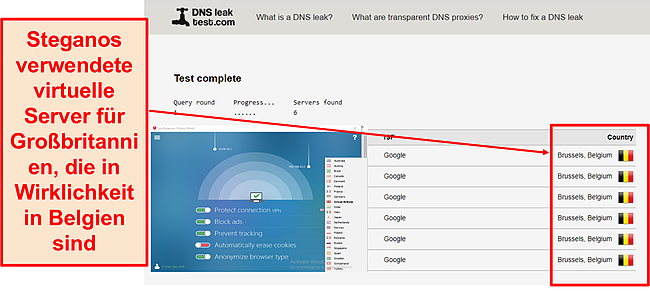 Screenshot der Anzeige von Steganos-Servern in Belgien.