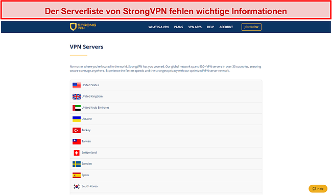 Screenshot der Strong VPN-Serverliste.