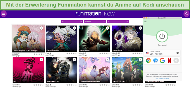 Screenshot der verfügbaren FunimationNOW-Inhalte auf Kodi