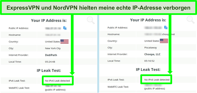 Screenshot zeigt, dass sowohl für NordVPN als auch für ExpressVPN kein IPv6-Leck erkannt wurde