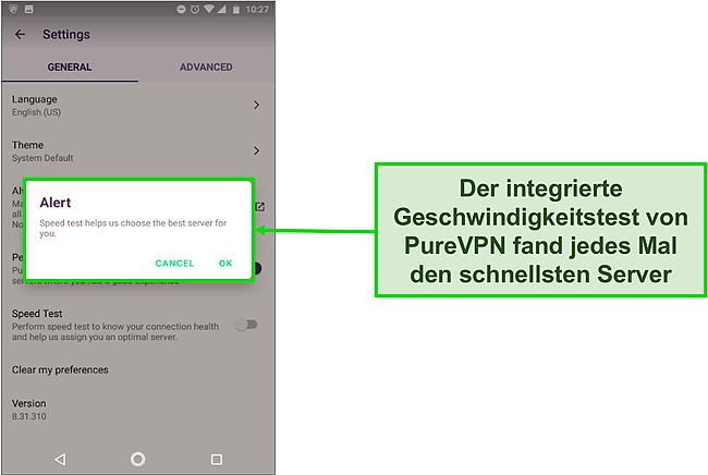 Screenshot der Geschwindigkeitstest-Warnmeldung in der Android-App von PureVPN.
