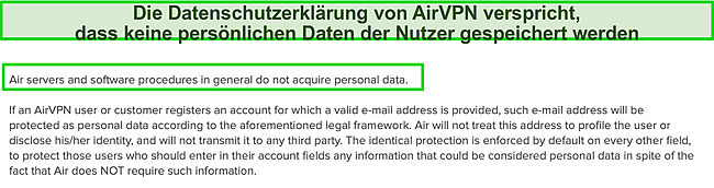 Screenshot der Datenschutzrichtlinie von AirVPN.