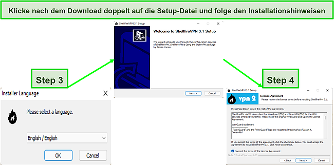 Screenshot, der den Installationsprozess von Shellfire VPN aus der heruntergeladenen Installationsdatei zeigt.