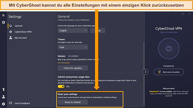 Screenshot der Windows-App von CyberGhost mit ihrer.