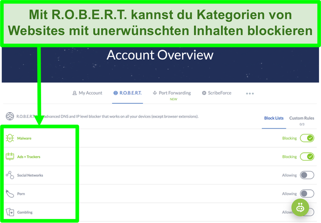 Screenshot der Winscribe-Einstellungsseite mit Optionen zum Blockieren von Anzeigen, Malware und Kategorien von Websites