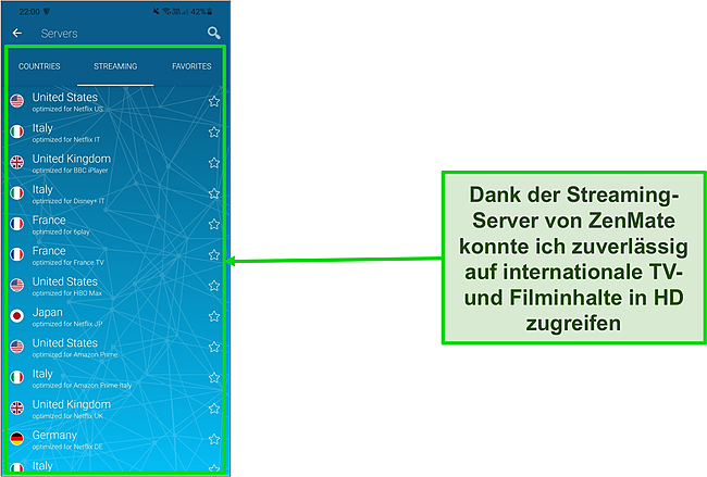 Screenshot der ZenMate-Liste der Streaming-optimierten Server auf Android.