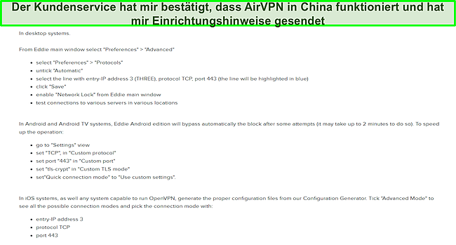 Screenshot, wie AirVPN laut Support für China konfiguriert ist.