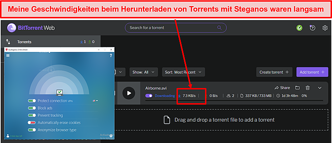 Screenshot, der zeigt, wie Steganos eine gemeinfreie Datei torrent.