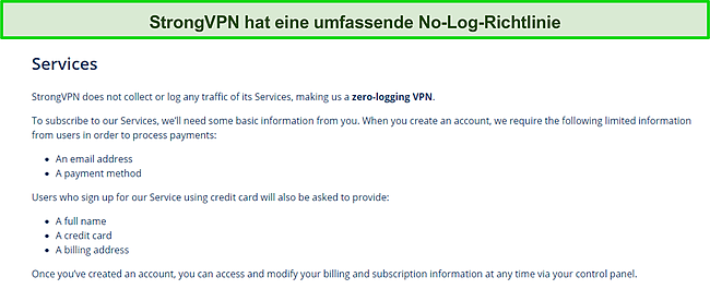 Screenshot der No-Logs-Richtlinie von StrongVPN.