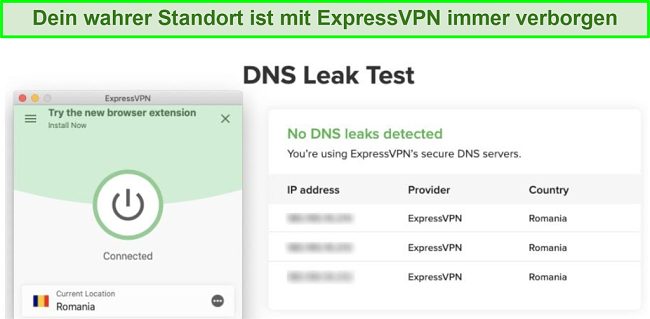 Screenshot eines erfolgreichen DNS-Lecktests mit ExpressVPN für Kodi