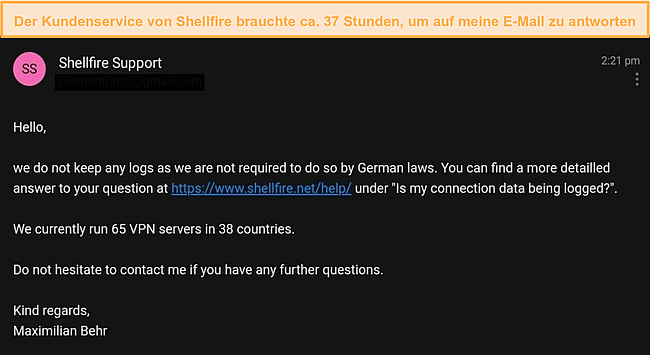 Screenshot meiner Unterhaltung mit einem Shellfire-Supportmitarbeiter.