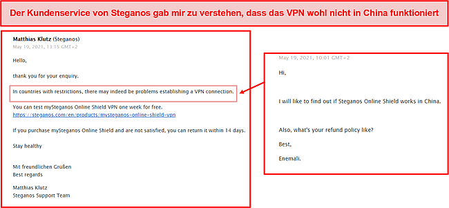 Screenshot von Steganos E-Mail-Antwort, die mich darüber informiert, dass das VPN in China nicht funktioniert.