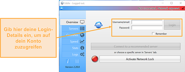 Screenshot der Anmeldeseite von AirVPN.