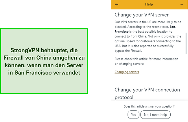 Screenshot des Support-Chatbots von StrongVPN, der bestätigt, dass das VPN Chinas Firewall umgehen kann.