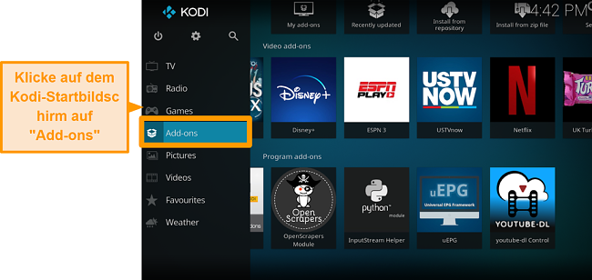 Screenshot von der Installation des offiziellen Kodi Addons Schritt Zwei Klick Addons