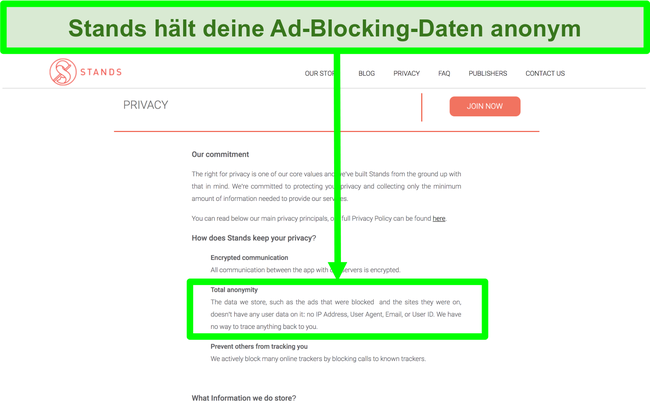 Screenshot der Stands-Website, aus dem hervorgeht, dass die Daten zu blockierten Anzeigen niemals mit den persönlichen Daten der Nutzer verknüpft sind