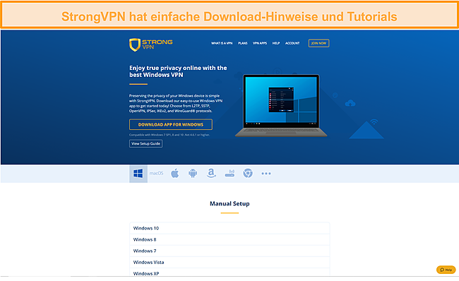 Screenshot der Anweisungen zum Herunterladen von StrongVPNs.