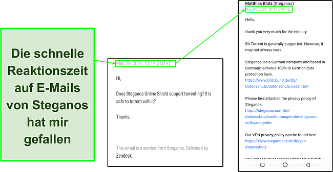 Screenshot der E-Mail-Support-Antwort von Steganos in weniger als 24 Stunden.