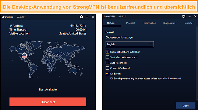 Screenshot der StrongVPN-Desktop-Benutzeroberfläche.