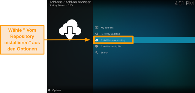 Screenshot von der Installation des offiziellen Kodi Addons Schritt 4 Klicken Sie auf Installation aus dem Repository