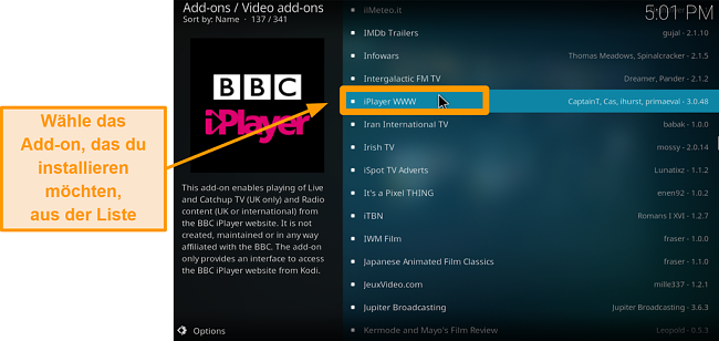 Screenshot von der Installation des offiziellen Kodi Addons Schritt sieben Finden Sie das gewünschte Addon