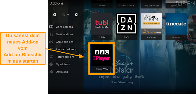 Screenshot von der Installation des offiziellen Kodi Addons Schritt 11 Starten Sie ein neues Addon von der Homepage