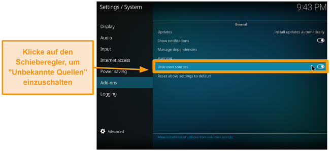 Screenshot So installieren Sie das Kodi-Addon eines Drittanbieters Schritt 4 Schalten Sie unbekannte Quellen ein