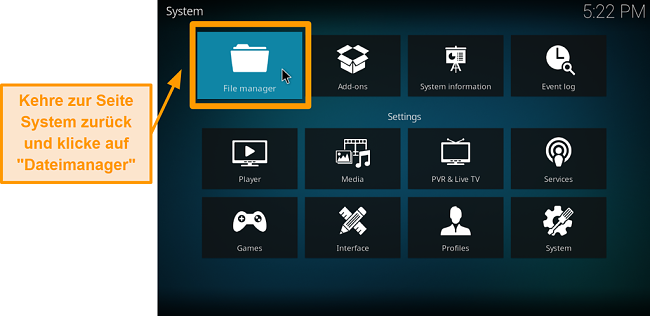 Screenshot So installieren Sie das Kodi Addon eines Drittanbieters Schritt 5 Klicken Sie auf Dateimanager