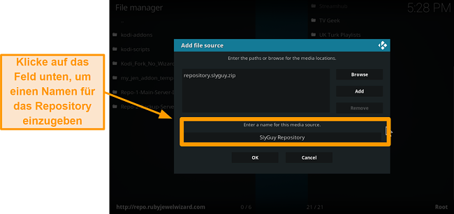 Screenshot, wie man Kodi Addon von Drittanbietern installiert Schritt 9 Typ Name des Repos