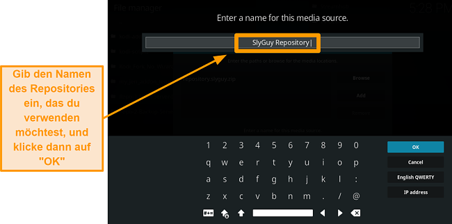 Screenshot, wie man Kodi Addon von Drittanbietern installiert Schritt 10 Typ Name für Repo