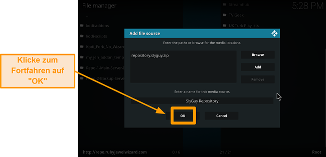 Screenshot, wie man Kodi Addon von Drittanbietern installiert Schritt 11 Klicken Sie auf OK
