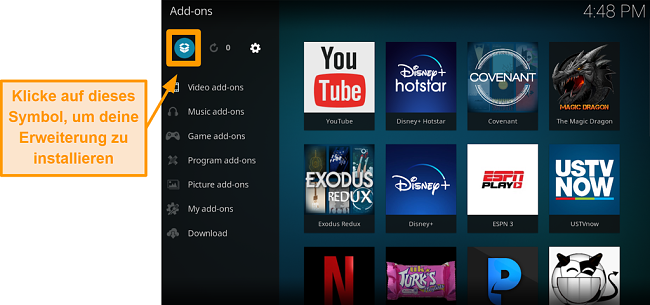 Screenshot, wie man das Kodi Addon eines Drittanbieters installiert Schritt 13 Klicken Sie auf das Box-Symbol