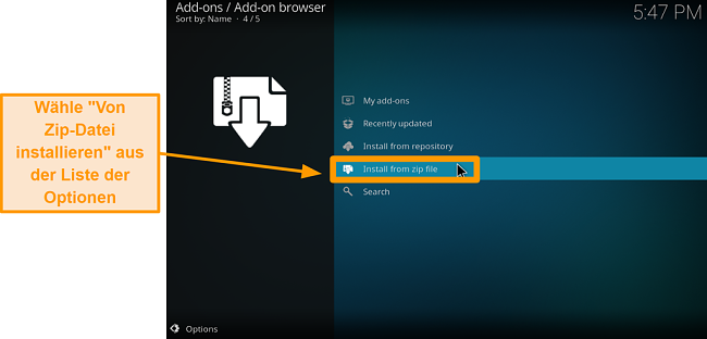 Screenshot So installieren Sie das Kodi Addon eines Drittanbieters Schritt 14 Klicken Sie auf Von ZIP-Datei installieren