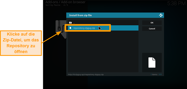 Screenshot So installieren Sie das Kodi Addon eines Drittanbieters Schritt 16 Klicken Sie auf die Zip-Datei, um das Repo zu öffnen