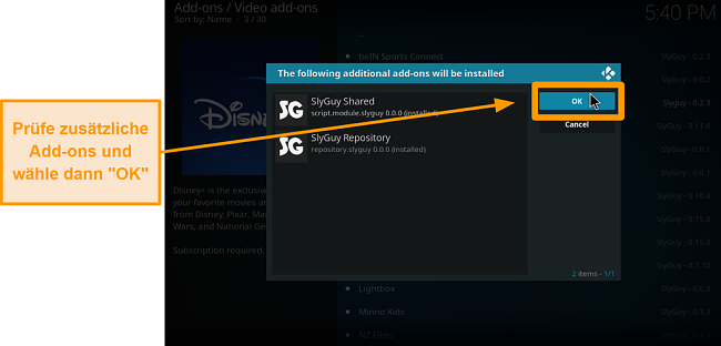 Screenshot, wie man Kodi Addon von Drittanbietern installiert Schritt 18 Sheck Extra Addons, dann klicken Sie auf OK