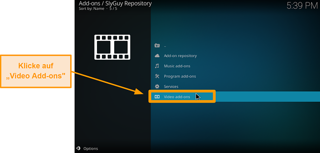 Screenshot, wie man Kodi Addon von Drittanbietern installiert Schritt 20 Klicken Sie auf Video Addons
