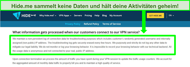 Screenshot der Datenschutzrichtlinie von Hide.me, in dem keine Datenprotokolle gespeichert sind