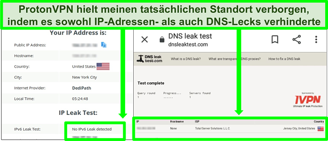 Screenshot eines DNS- und IP-Adresslecktests, der keine IP-Adresslecks zeigt, während eine Verbindung zu Proton VPN besteht