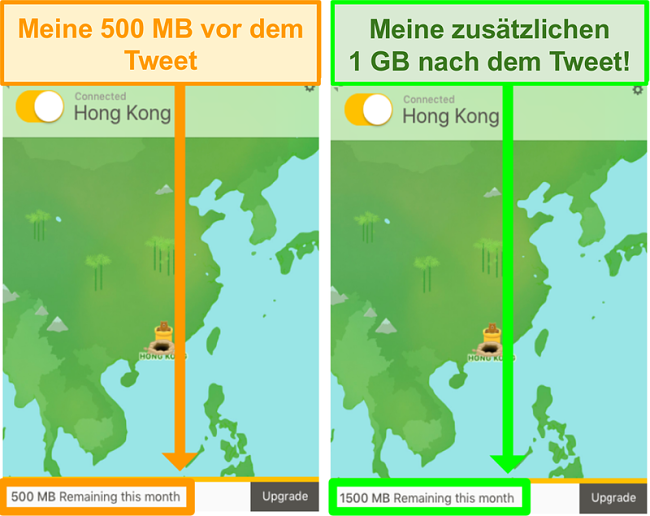 Screenshot von TunnelBear mit 1 GB zusätzlichen Daten zum Twittern