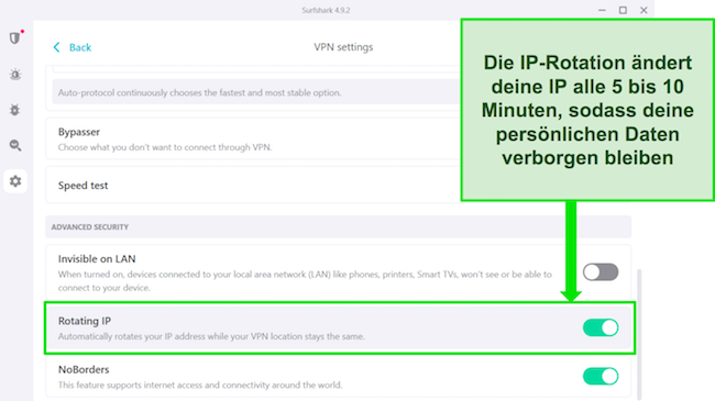Screenshot der Windows-Oberfläche von Surfshark mit aktivierter IP-Rotation