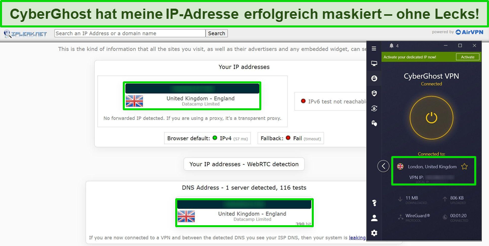 Screenshot eines IP-Leak-Tests, der keine Datenlecks zeigt, wenn CyberGhost mit einem optimierten P2P-Server in Großbritannien verbunden ist.