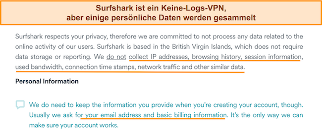 Screenshot der Datenschutzrichtlinie von Surfshark