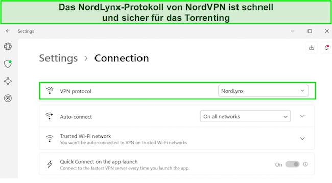 Screenshot der Windows-App von NordVPN, der das ausgewählte NordLynx-Protokoll zeigt
