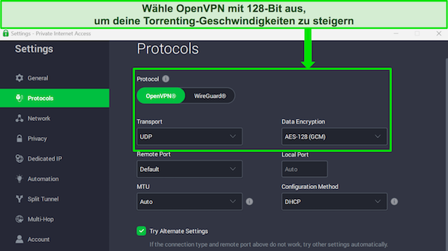 Screenshot der Windows-Oberfläche von PIA, der OpenVPN mit ausgewählter AES-128-Bit-Verschlüsselung zeigt