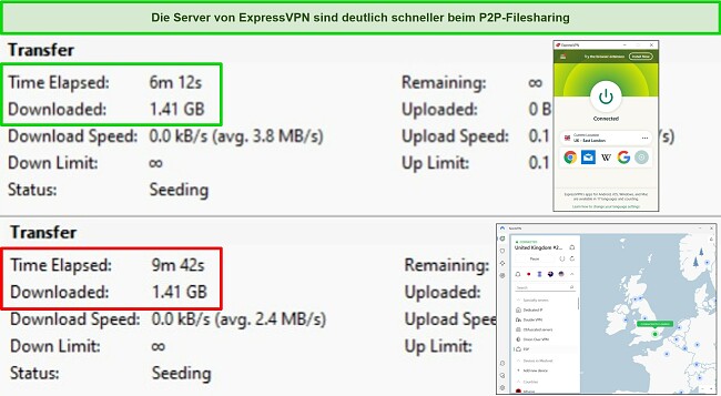 Screenshots des BitTorrent-Torrent-Clients, die die Downloadzeiten für 2 Torrents zeigen, wobei ExpressVPN und NordVPN mit britischen Servern verbunden sind.